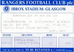 Ticket: Rangers vs. Dynamo Kiev 30/09/1987