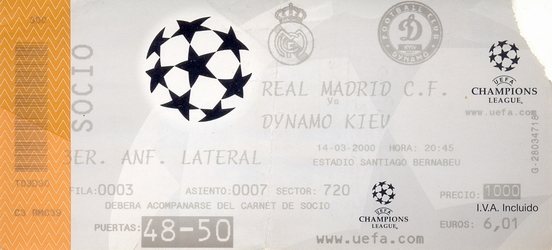 Ticket: Real Madrid vs. Dynamo Kiev 14/03/2000. 