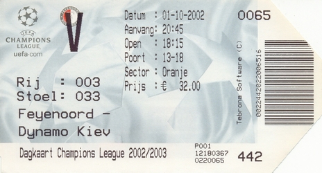 Ticket: Feyenoord vs. Dynamo Kiev  1/10/2002