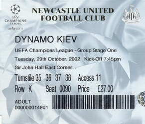 Ticket: Newcastle United vs. Dynamo Kiev 29/10/2002