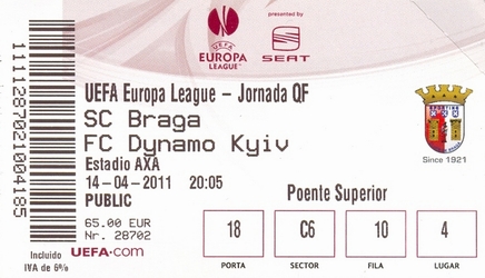 Ticket: SC Braga vs. Dynamo Kiev 14/04/2011