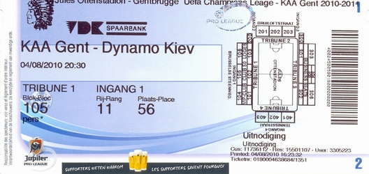 Ticket: KAA GENT vs. DYNAMO KIEV 4/08/2010