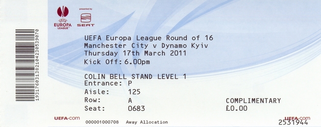 Ticket: Manchester City FC vs. Dynamo Kiev 17/03/2011